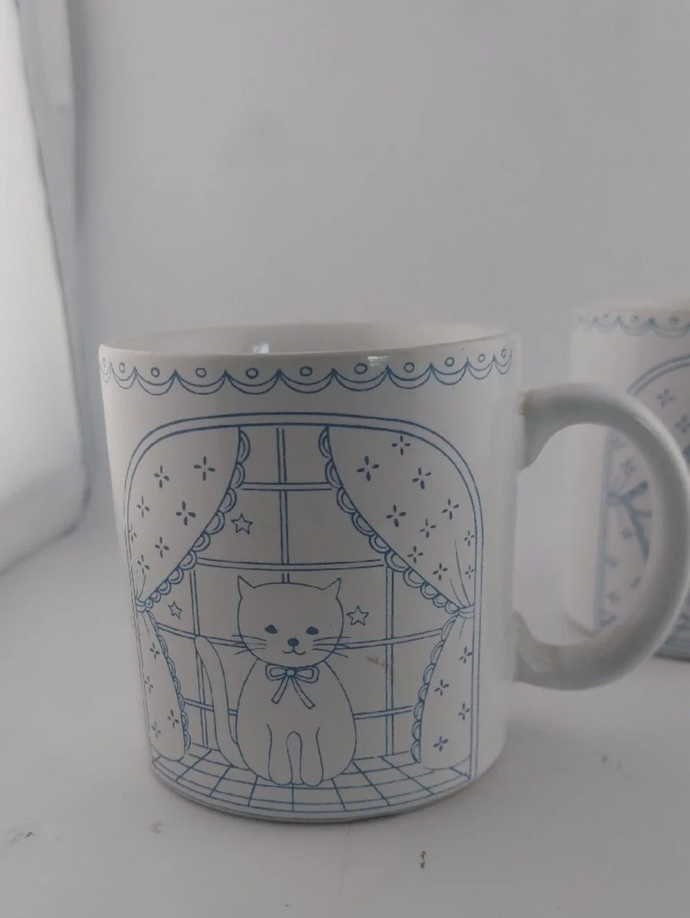 Vintage White Mugs with Light Blue Cat Print - Set of 2